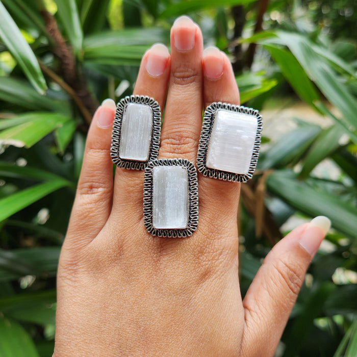 Certified Selenite Adjustable Rings- Square Mix Shape