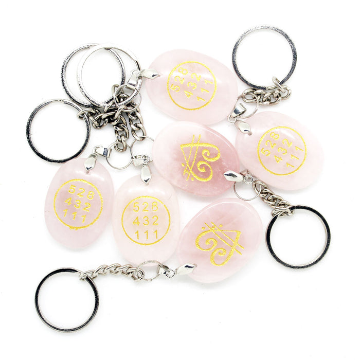 Rose Quartz Stone Keychain with Grabovi Number & Zibu Symbol to Attract love & Harmony ( 1 piece)