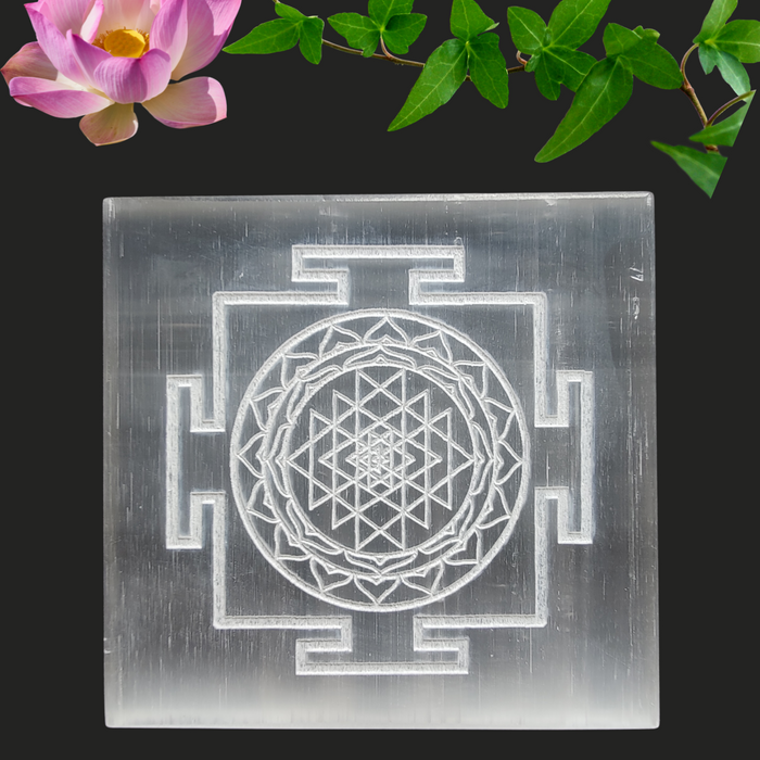 Crystal Charging Selenite Plate with Sri Chakra / Shree Yantra Engravement