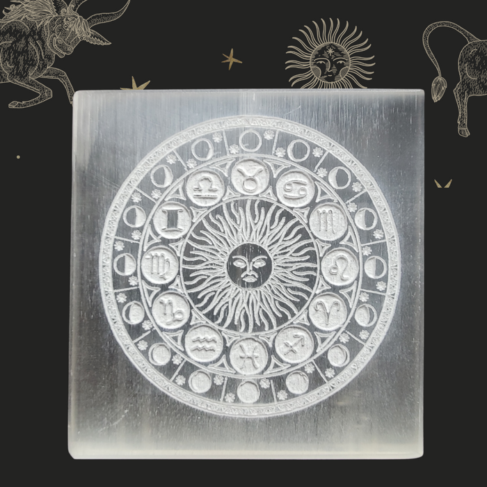 Selenite Charging & Protection Plate with Sun & Zodiac Signs Engravement