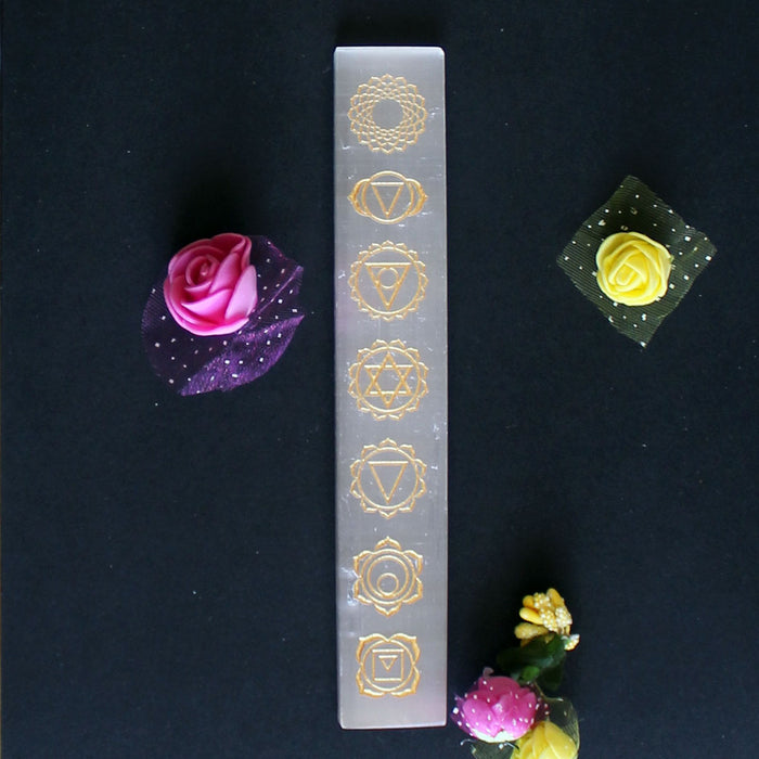 Crystal Charging Selenite Plate with Seven Chakra Symbols Engravement