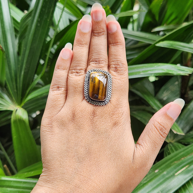 Certified Tiger Eye Adjustable Ring - Rectangle Shape