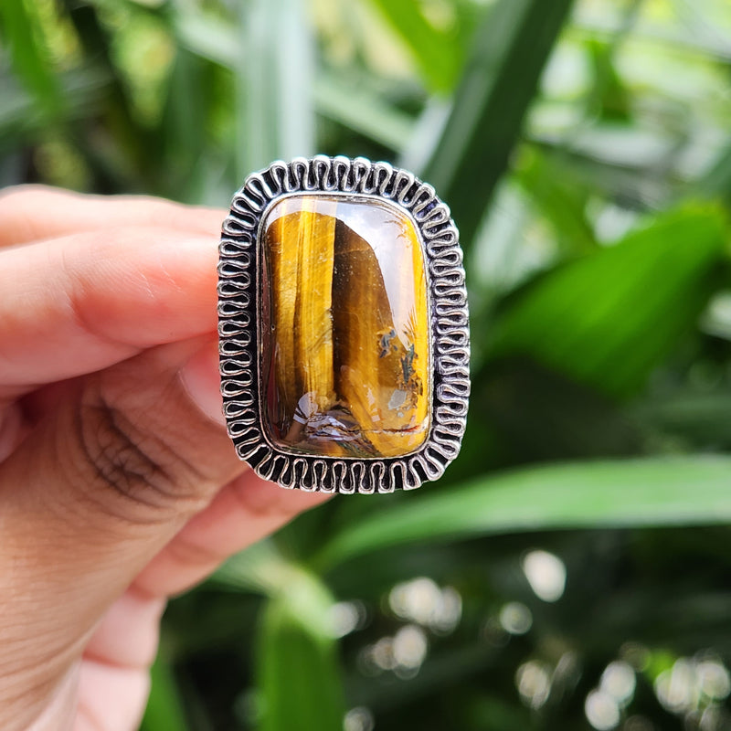 Certified Tiger Eye Adjustable Ring - Rectangle Shape