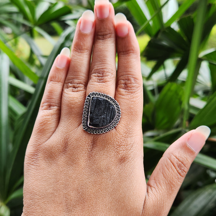 Certified Black Tourmaline Half Moon Adjustable Ring for Protection & Grounding