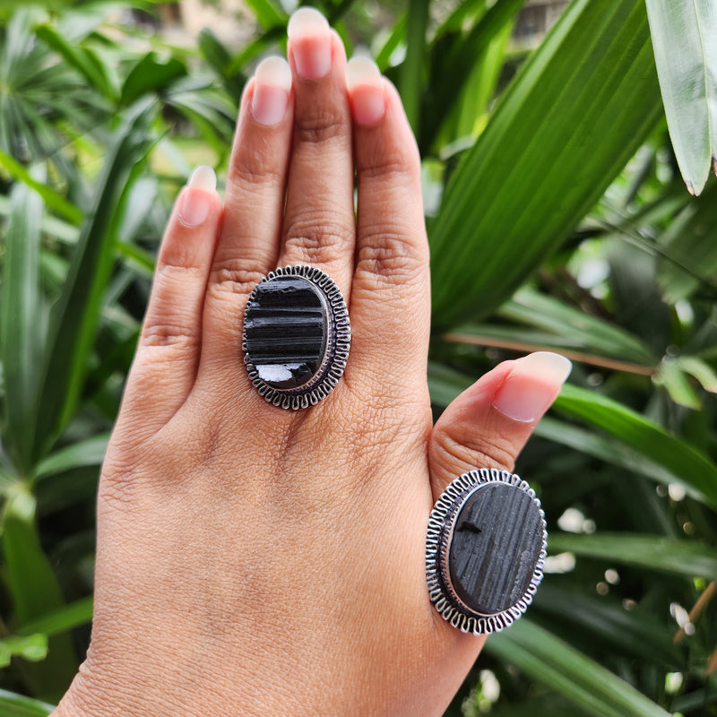 Certified Black Tourmaline Adjustable Oval Shape Ring for Protection & Grounding