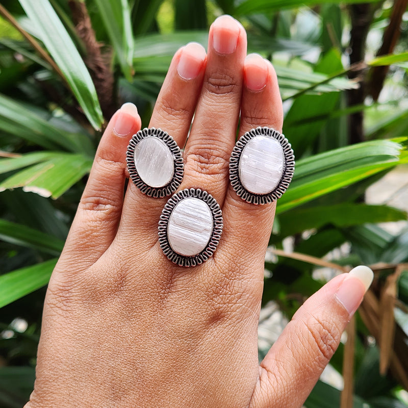 Certified Selenite Adjustable Rings- Oval Shape