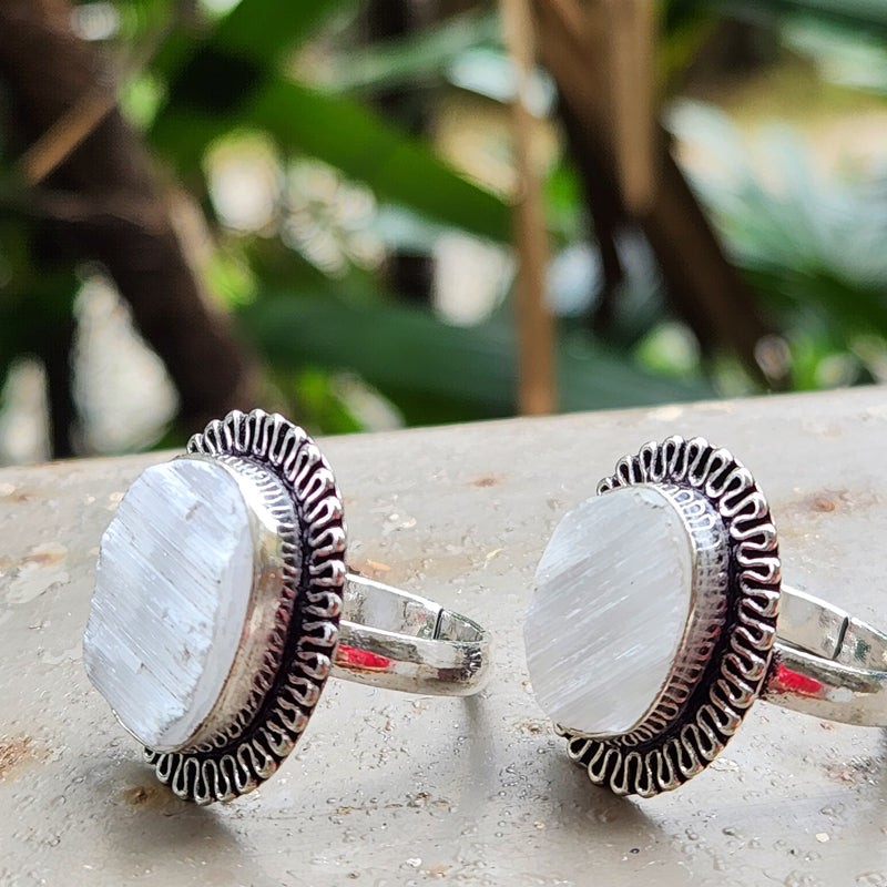 Certified Selenite Adjustable Rings- Oval Shape