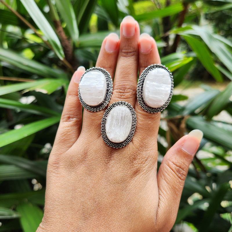 Certified Selenite Adjustable Rings- Oval Shape