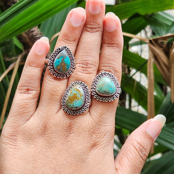 Certified Turquoise Firoza Adjustable Rings - Pear Shape