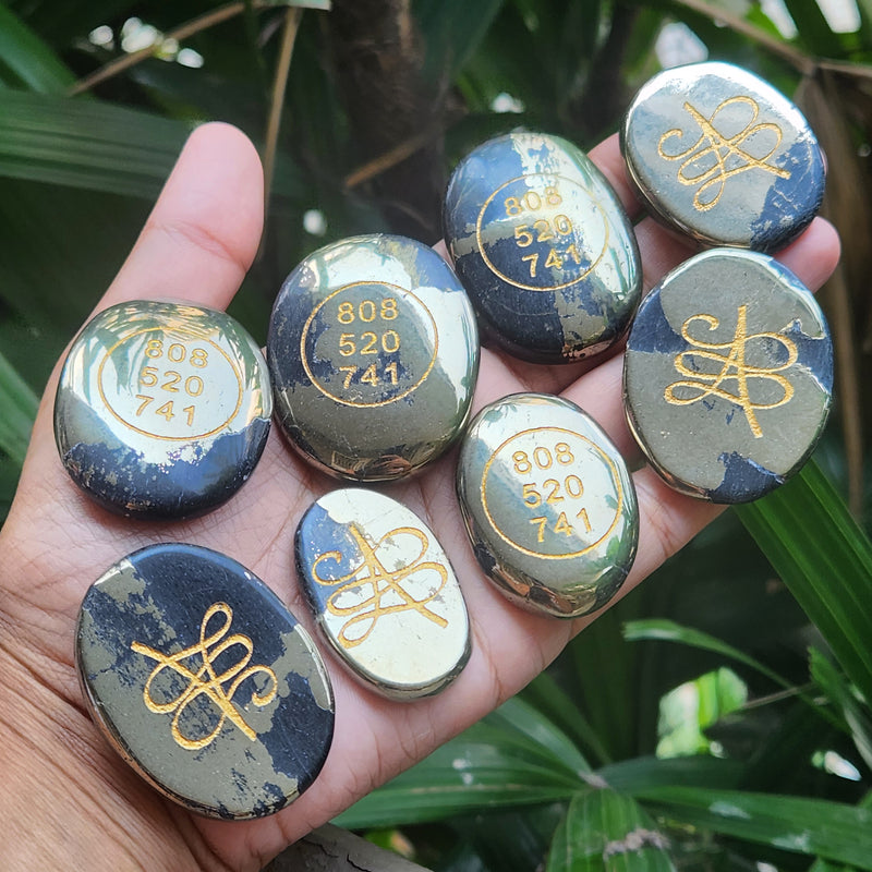 Pyrite Tumbled Stone with Grabovi Number & Zibu Symbol to Attract Abundance ( 1 piece)