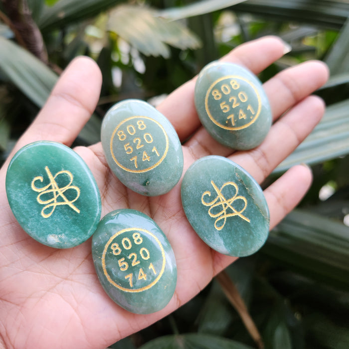 Green Aventurine Tumbled with Grabovoi Numbers & Zibu Symbol to Attract Money & Luck- (1 piece)