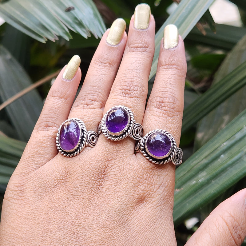 Certified Amethyst Adjustable Rings- Oval Shape