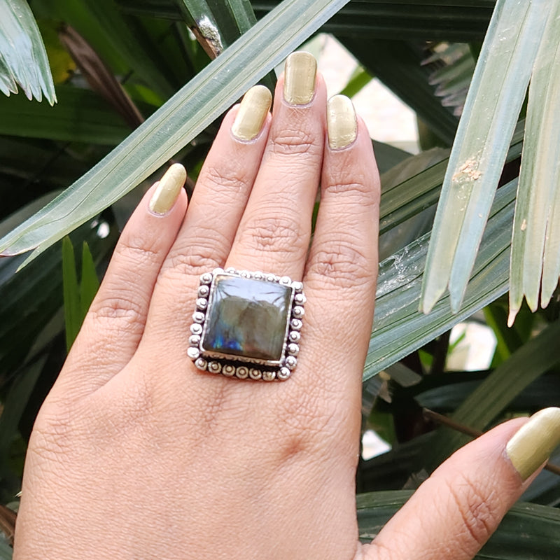Certified Labradorite Adjustable Rings- Square Shape