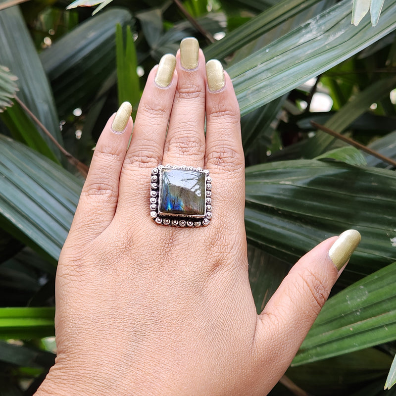 Certified Labradorite Adjustable Rings- Square Shape
