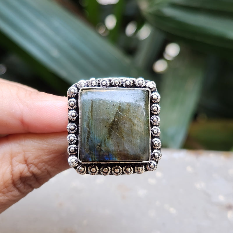 Certified Labradorite Adjustable Rings- Square Shape