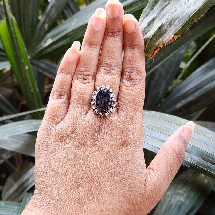 Certified Black Tourmaline Adjustable Ring for Protection & Grounding - Round Shape