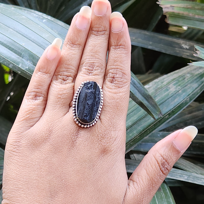 Certified Raw Black Tourmaline Adjustable Ring for Protection & Grounding