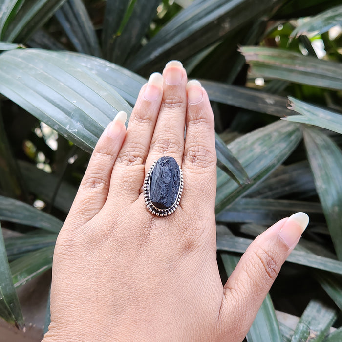 Certified Raw Black Tourmaline Adjustable Ring for Protection & Grounding