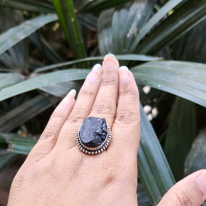 Certified Black Tourmaline Adjustable Ring for Protection & Grounding