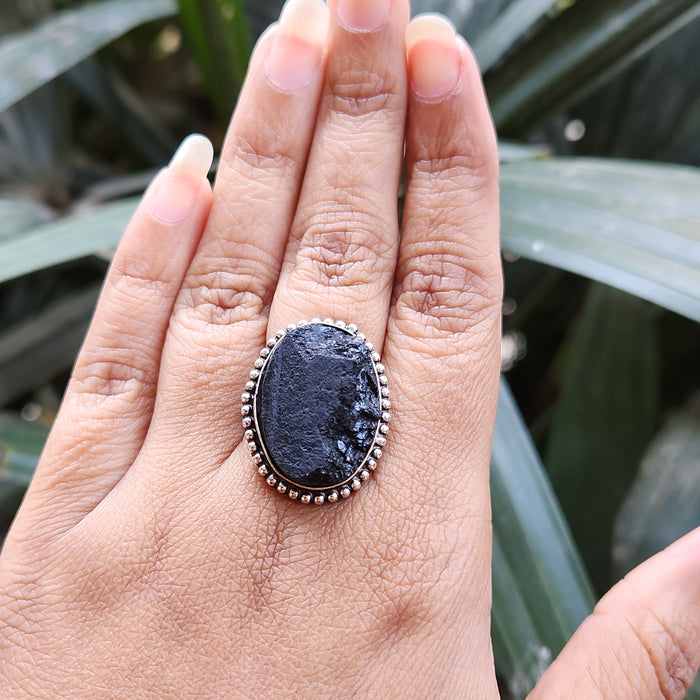 Certified Black Tourmaline Adjustable Ring for Protection & Grounding