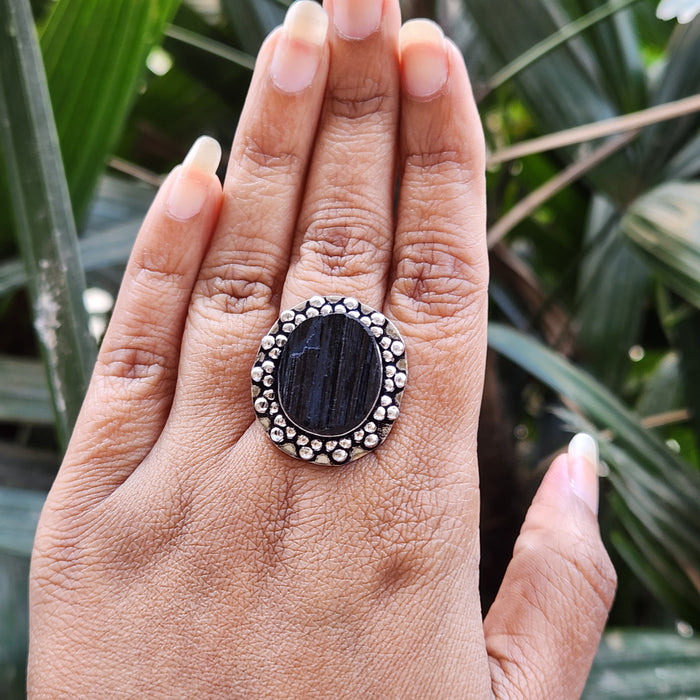 Certified Black Tourmaline Adjustable Ring for Protection & Grounding-R2