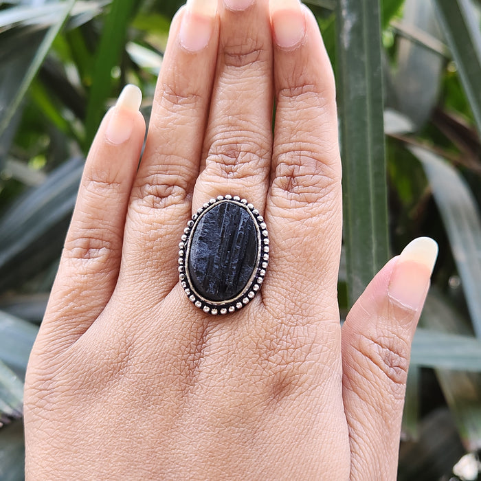 Certified Black Tourmaline Adjustable Ring for Protection & Grounding-R3