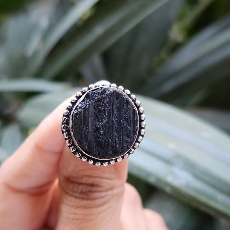 Certified Black Tourmaline Adjustable Ring for Protection & Grounding-R4