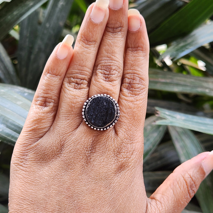 Certified Black Tourmaline Adjustable Ring for Protection & Grounding-R4