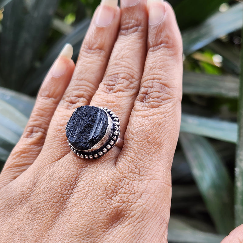 Certified Black Tourmaline Adjustable Ring for Protection & Grounding-R4
