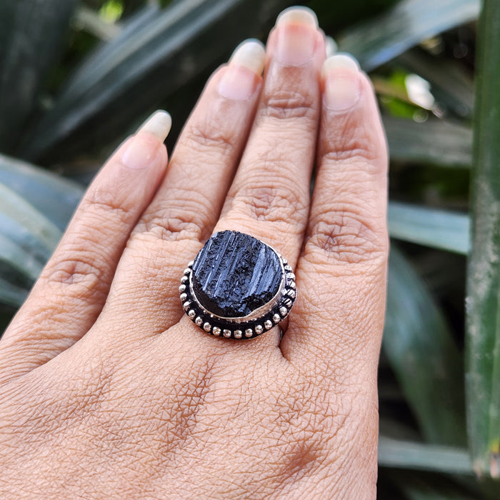 Certified Black Tourmaline Adjustable Ring for Protection & Grounding-R4