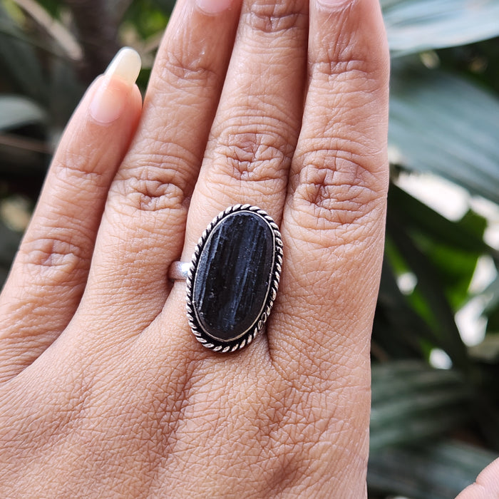 Certified Black Tourmaline Adjustable Ring for Protection & Grounding-R5