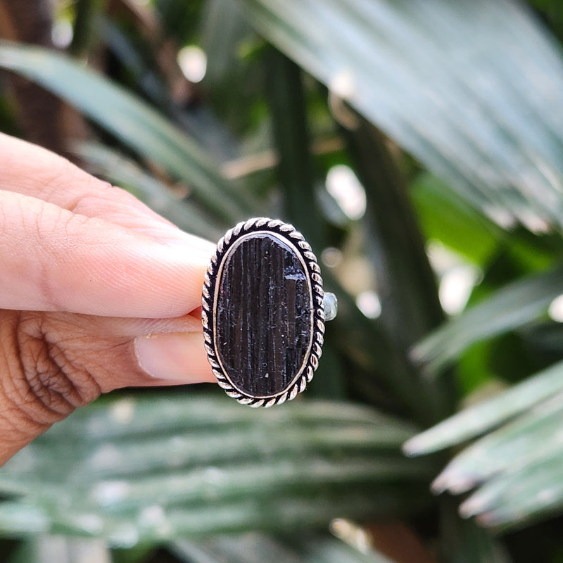 Certified Black Tourmaline Adjustable Ring for Protection & Grounding-R6
