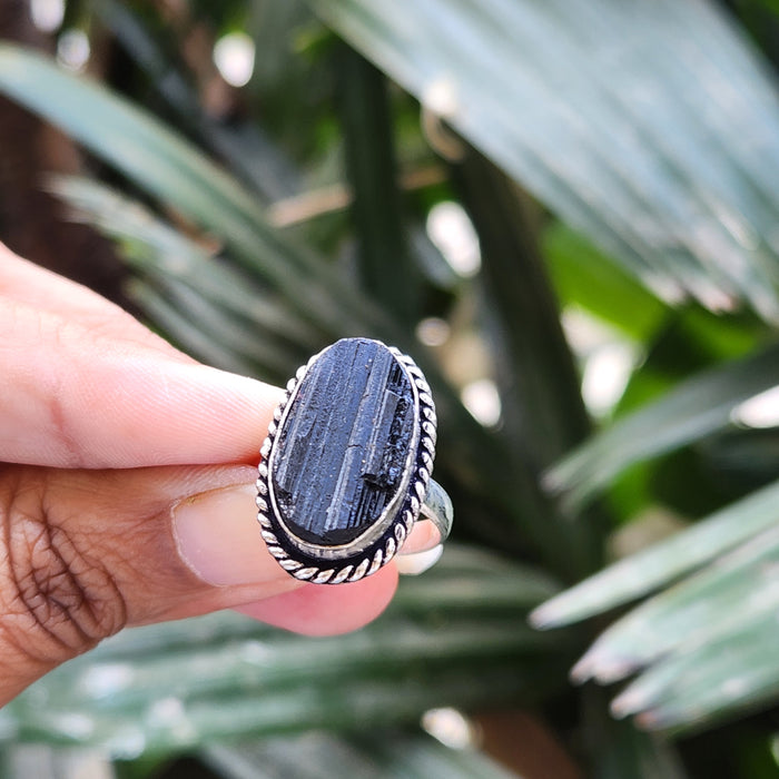 Certified Black Tourmaline Adjustable Ring for Protection & Grounding-R6