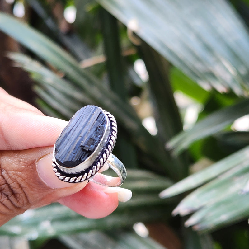 Certified Black Tourmaline Adjustable Ring for Protection & Grounding-R6