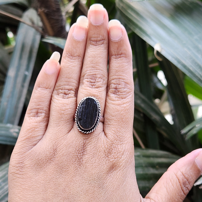 Certified Black Tourmaline Adjustable Ring for Protection & Grounding-R6