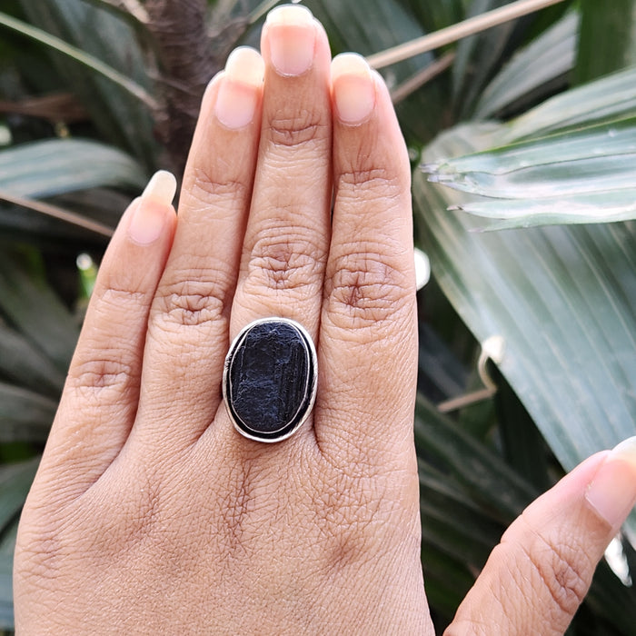 Certified Black Tourmaline Adjustable Ring for Protection & Grounding-R7