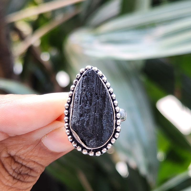 Certified Black Tourmaline Adjustable Ring for Protection & Grounding-R8