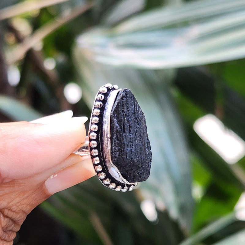 Certified Black Tourmaline Adjustable Ring for Protection & Grounding-R8