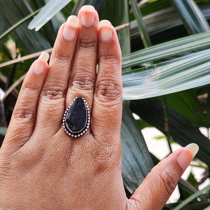 Certified Black Tourmaline Adjustable Ring for Protection & Grounding-R8