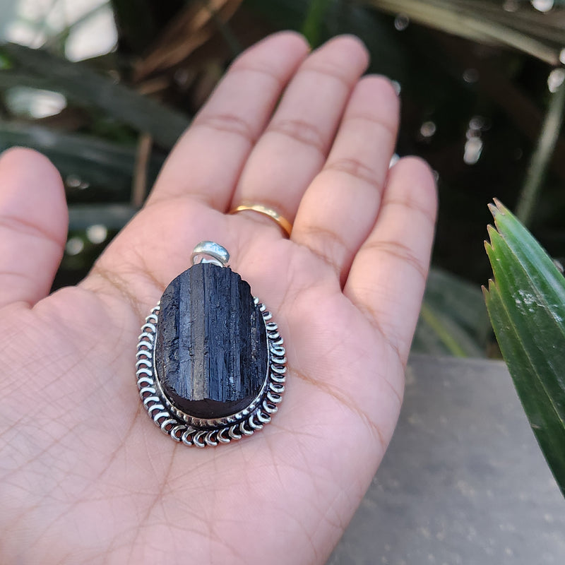 Certified Raw Black Tourmaline Pendant-18 without Chain