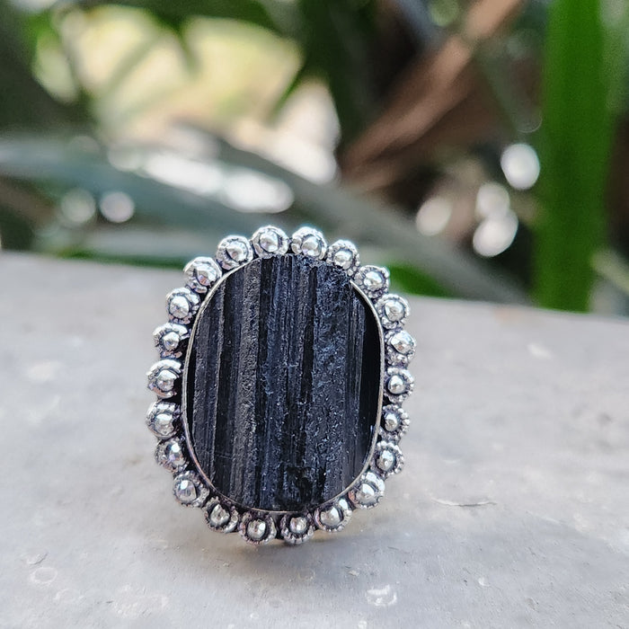 Certified Black Tourmaline Adjustable Ring for Protection & Grounding-R8