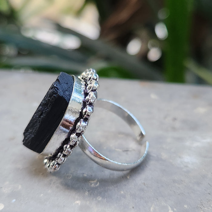 Certified Black Tourmaline Adjustable Ring for Protection & Grounding-R8