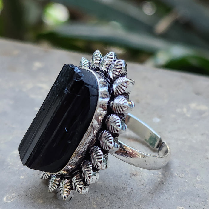 Certified Raw Black Tourmaline Adjustable Ring-R10 for Protection & Grounding