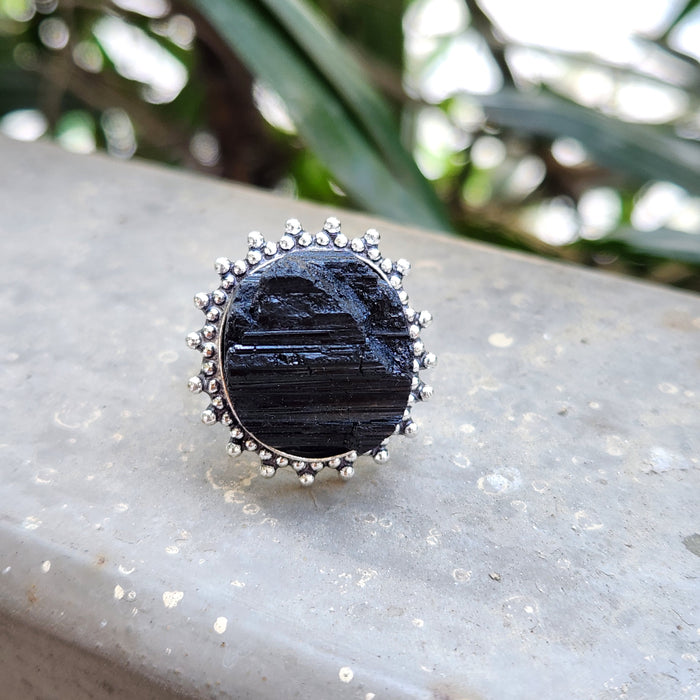 Certified Raw Black Tourmaline Adjustable Ring-R11 for Protection & Grounding