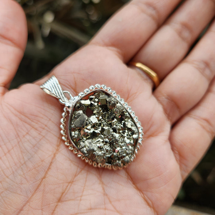 Certified Pyrite Druzy Pendant for Abundance & Wealth with complimentary Metal Chain-P1