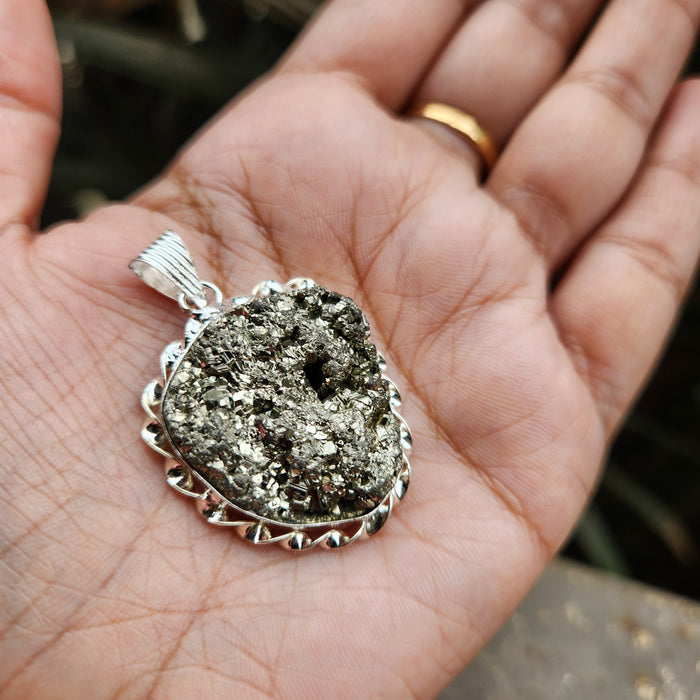 Certified Pyrite Druzy Pendant for Abundance & Wealth with complimentary Metal Chain-P2