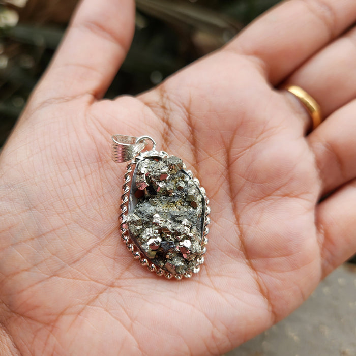 Certified Pyrite Druzy Pendant for Abundance & Wealth with complimentary Metal Chain-P3