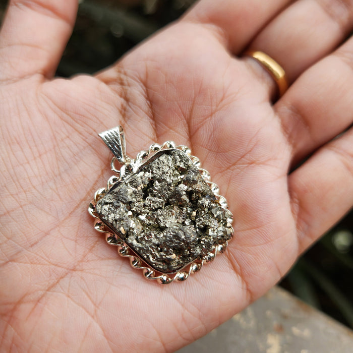 Certified Pyrite Druzy  Pendant for Abundance & Wealth with complimentary Metal Chain-P4