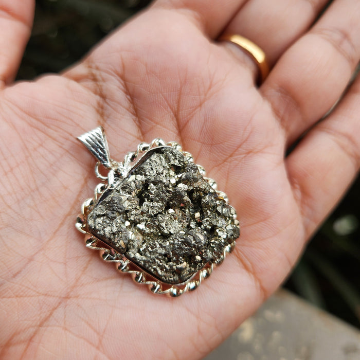 Certified Pyrite Druzy  Pendant for Abundance & Wealth with complimentary Metal Chain-P4