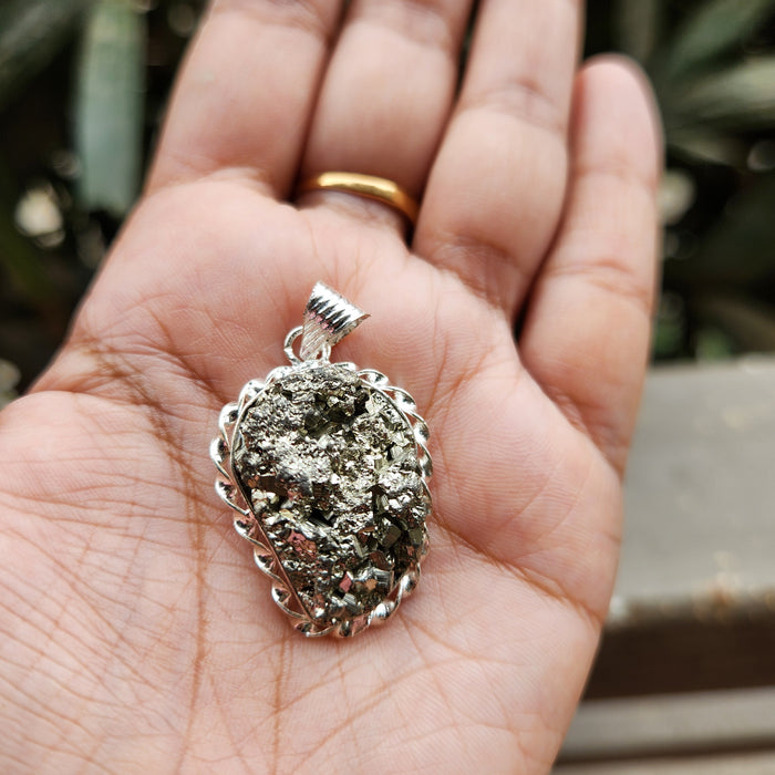 Certified Pyrite Druzy Silver Coated Pendant for Abundance & Wealth with complimentary Metal Chain-P5